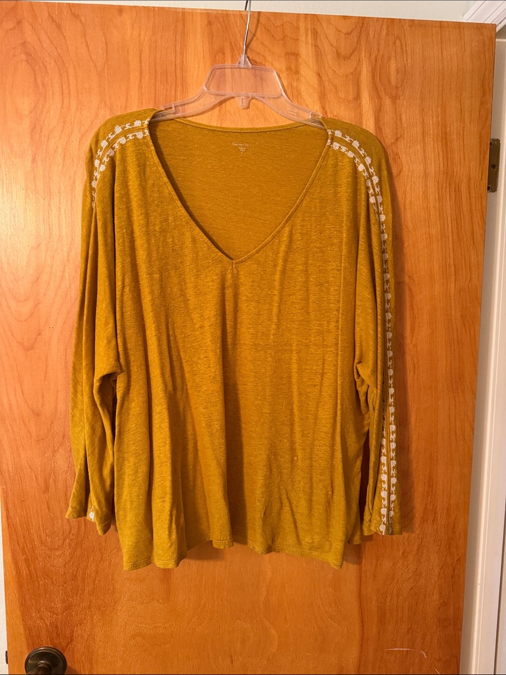 Garnet Hill Mustard V-Neck Long Sleeve Top with White Trim